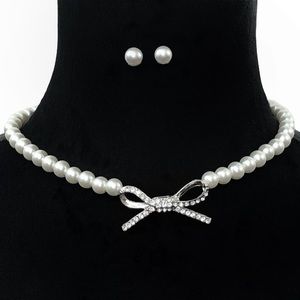 Pearl with Rhinestone Bow Necklace Earrings Set